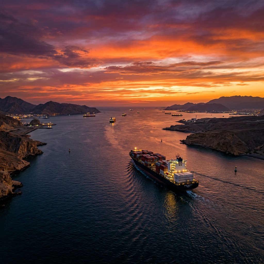 Navio de carga no Estreito de Hormuz durante o entardecer
