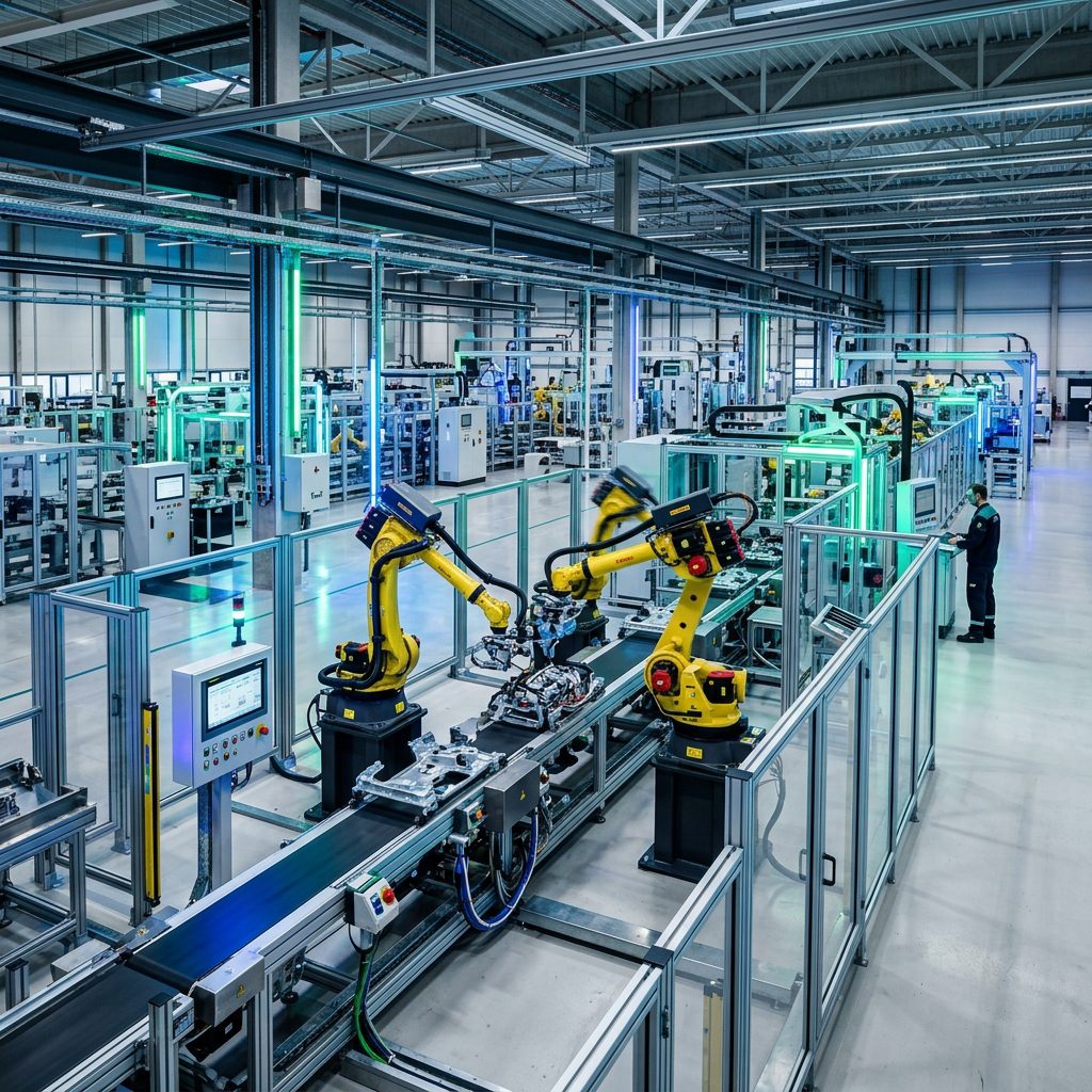 Interior de uma fábrica moderna automatizada com braços robóticos e linha de montagem de alta tecnologia.
