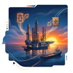 Plataforma de petróleo no mar e ícones de exportação e importação de fertilizantes.