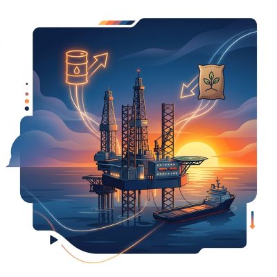 Plataforma de petróleo no mar e ícones de exportação e importação de fertilizantes.