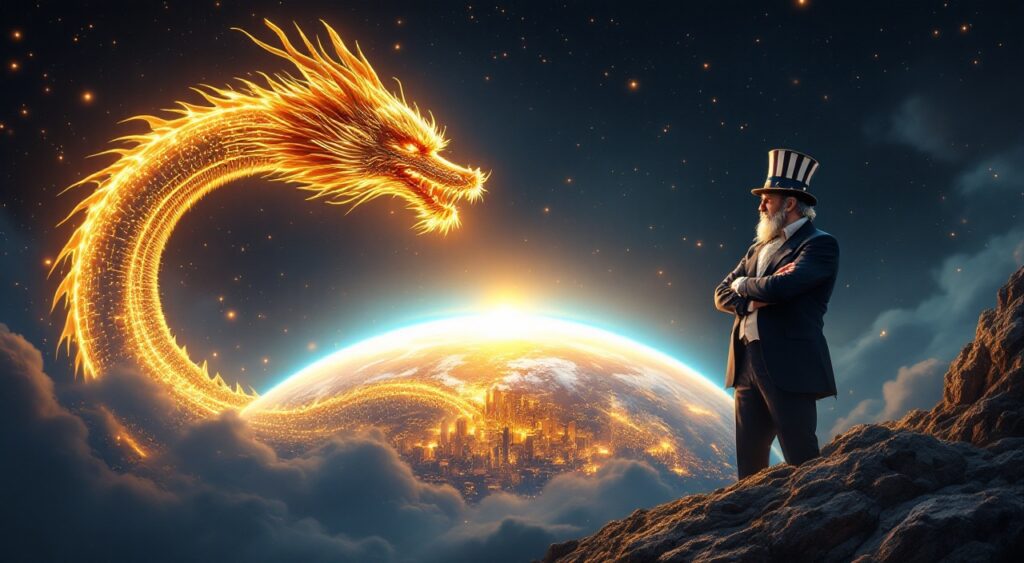 Dragão dourado de luz envolve o planeta Terra espalhando feixes luminosos, enquanto um Tio Sam de braços cruzados observa perplexo