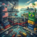 Ilustração editorial mostrando a tensão de tarifas comerciais entre Estados Unidos e Brasil.