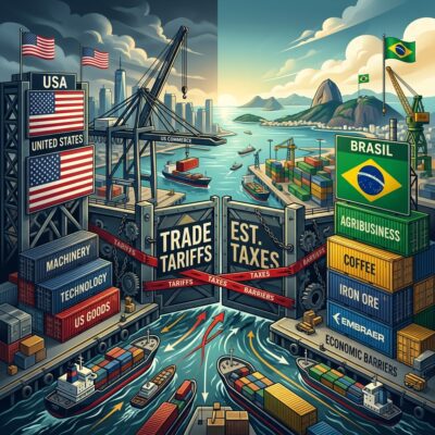 Ilustração editorial mostrando a tensão de tarifas comerciais entre Estados Unidos e Brasil.
