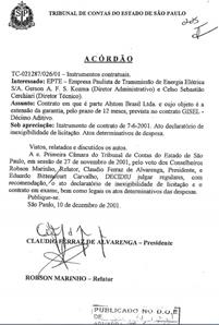 Acórdão do julgamento do Tribunal de Contas do Estado, do qual Robson Marinho foi relator, favorecendo a Alstom em 2001