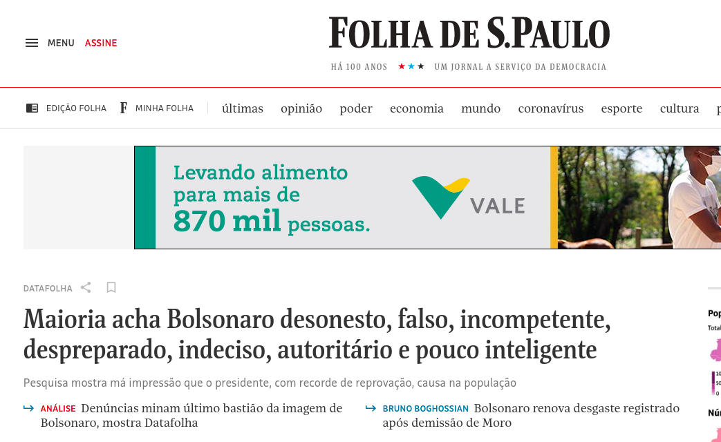 Maioria acha Bolsonaro desonesto, autoritário e pouco inteligente, diz  Datafolha