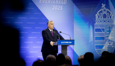 Esta foto divulgada pelo Gabinete de Imprensa do Primeiro-Ministro Húngaro mostra o Primeiro-Ministro Viktor Orban falando em seu discurso sobre o estado da nação (SONA) em Budapeste, Hungria, em 22 de fevereiro de 2025. (Zoltan Fischer/MTI via Xinhua)