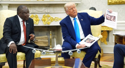 Presidente dos EUA constrangiu sua contraparte sul-africana, Cyril Ramaphosa, durante visita à Casa Branca, apresentando provas falsas de que fazendeiros brancos estão sendo assassinados e perseguidos no país.