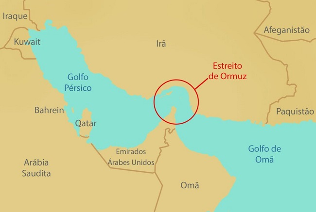 Estreito de Ormuz, mapa, Oriente Médio, Irã, Golfo Pérsico, geopolítica, petróleo, segurança energética, Golfo de Omã, rota comercial.