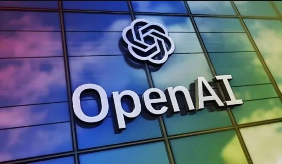 OpenAI, logotipo, inteligência artificial, tecnologia, fachada de vidro, arquitetura moderna, design 3D, branding, reflexo, inovação.