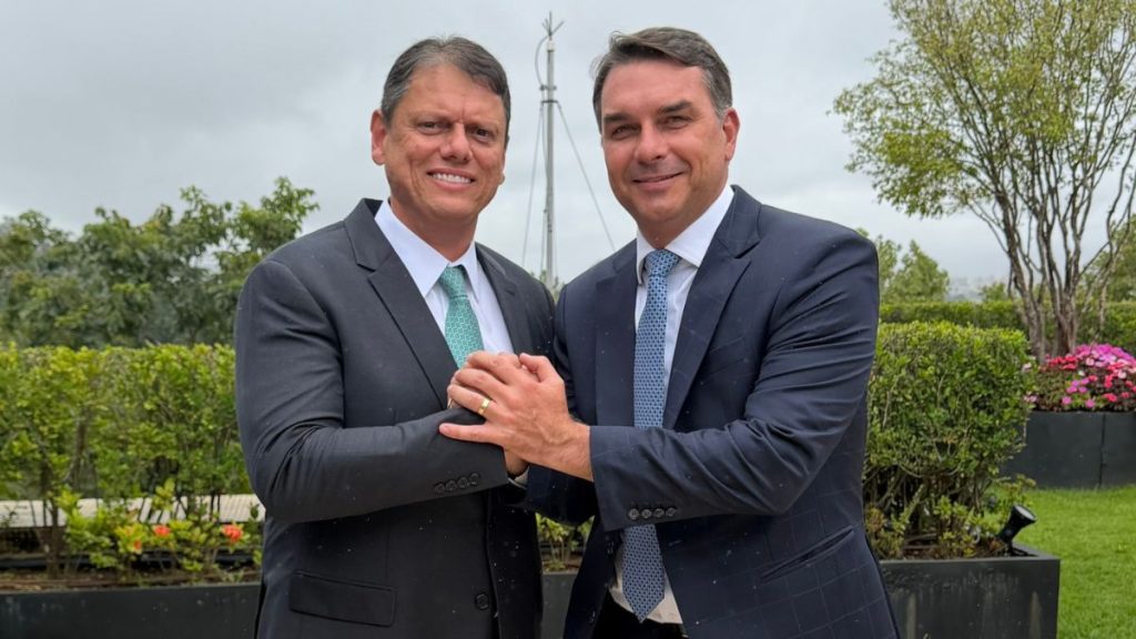 Tarcísio de Freitas e Flávio Bolsonaro durante reunião no Palácio dos Bandeirantes, fevereiro de 2026
