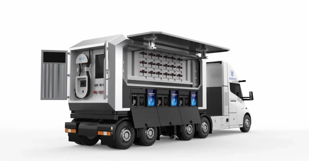 Caminhão da Windrose com sistema de data center móvel e carregadores expostos. (Foto: electrek.co)