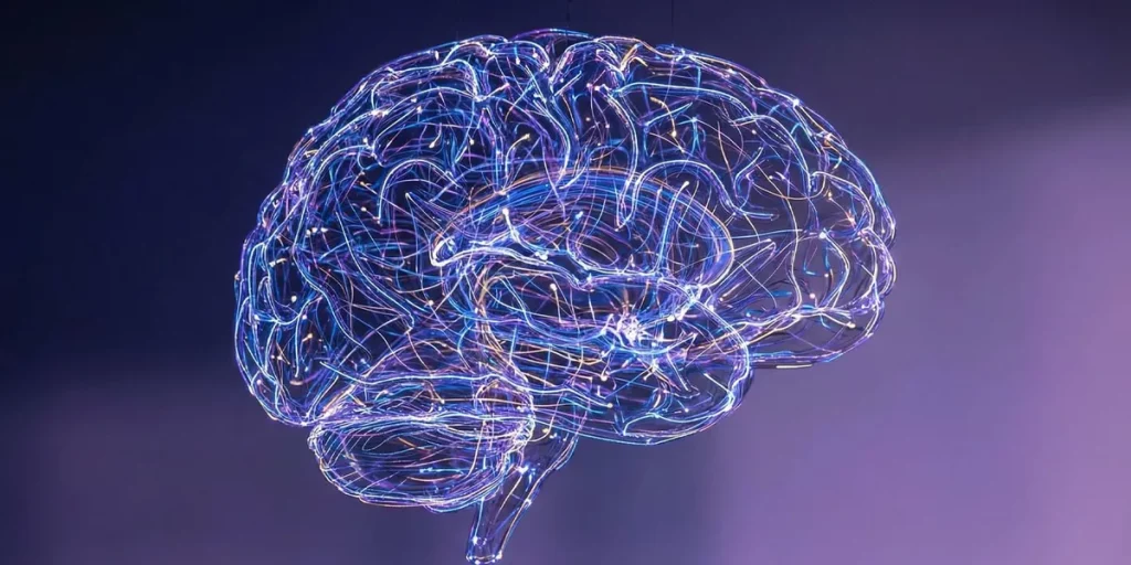 Modelo tridimensional do cérebro humano com iluminação de fibras nervosas, representando estudos sobre inteligência e doenças