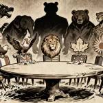Ilustração editorial sobre Líder do G7 admite perda de influência global do grupo. (Ilustração: Cafezinho / Wan 2.6)