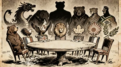 Ilustração editorial sobre Líder do G7 admite perda de influência global do grupo. (Ilustração: Cafezinho / Wan 2.6)