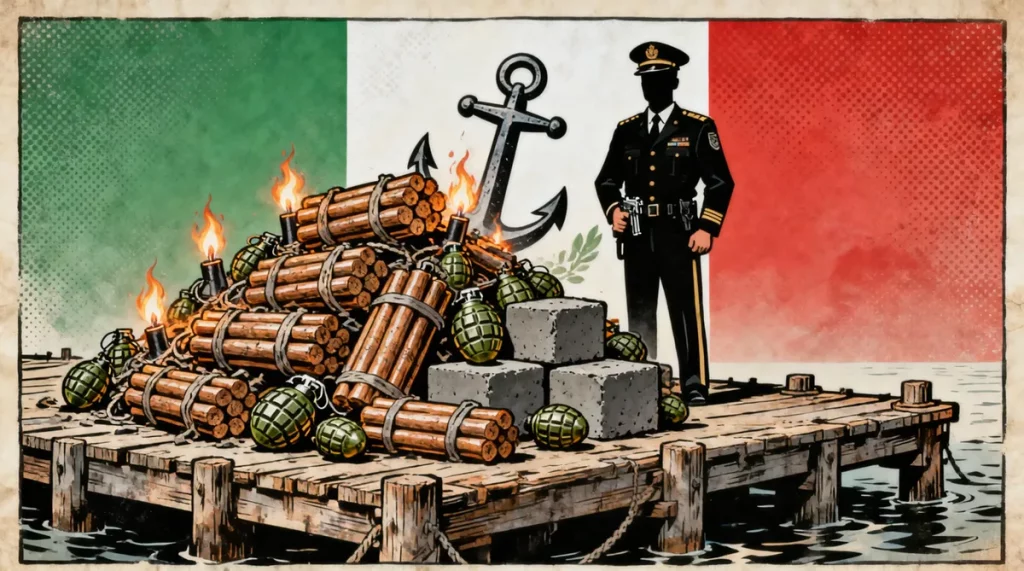 Ilustração editorial sobre Secretaria de Marinha do México identifica ameaças híbridas e apreende 748 explosivos do crime org