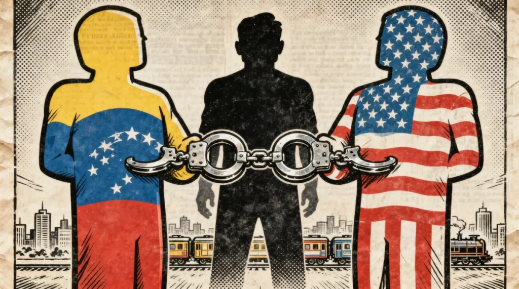 Ilustração editorial sobre Venezuela e EUA realizam operação conjunta contra crime organizado. (Ilustração: Cafezinho / Wan 2