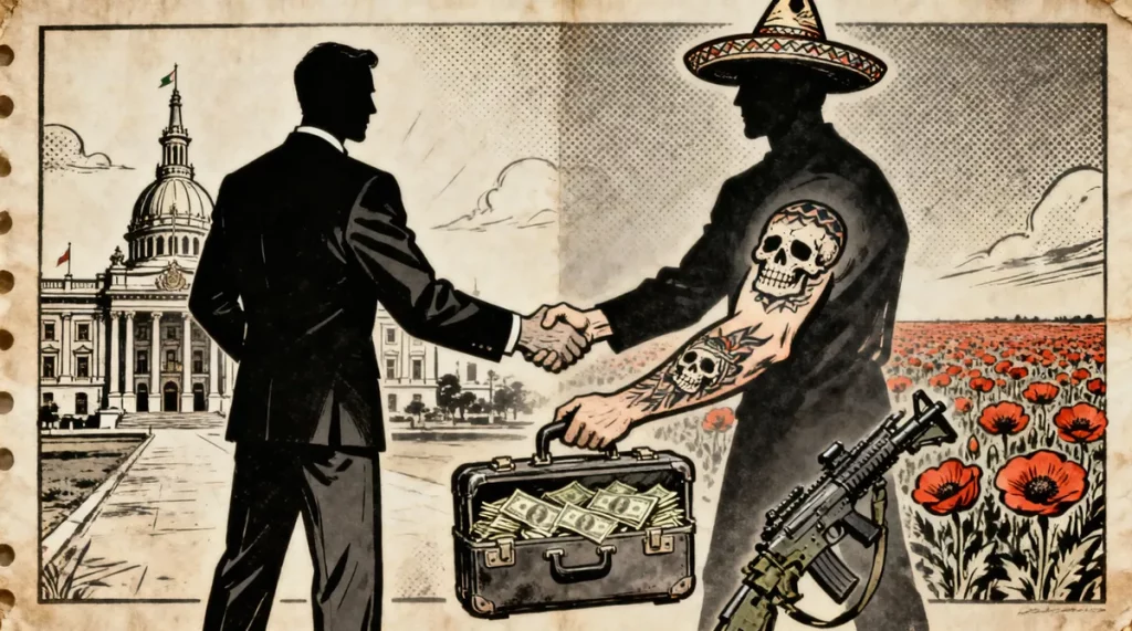 Ilustração editorial sobre Sheinbaum denuncia aliança entre governo Calderón e Cartel de Sinaloa. (Ilustração: Cafezinho / Wa