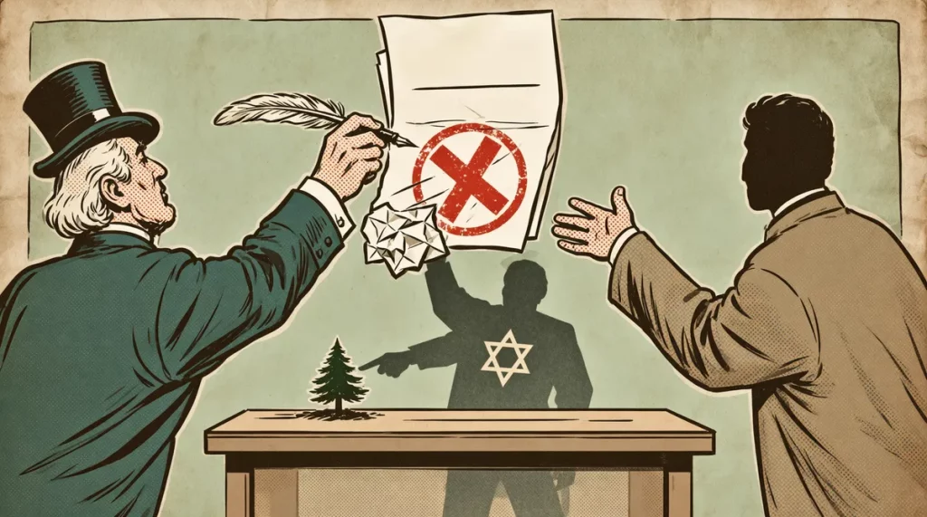 Ilustração editorial sobre Acordo Irã-EUA naufraga após Israel rejeitar retirada do Líbano. (Ilustração: Cafezinho / Wan 2.6)