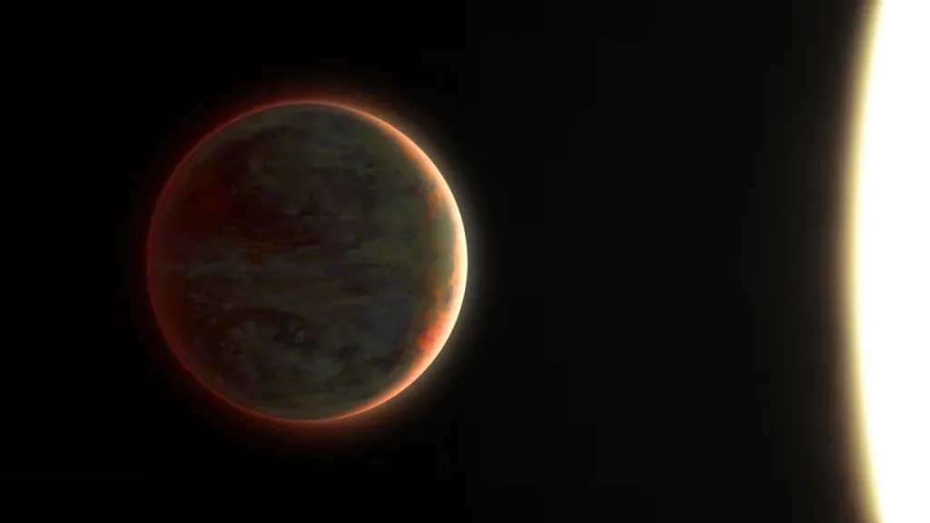Exoplaneta WASP-121 b em órbita de sua estrela, com atmosfera visível e temperatura elevada. (Foto: sciencedaily.com)