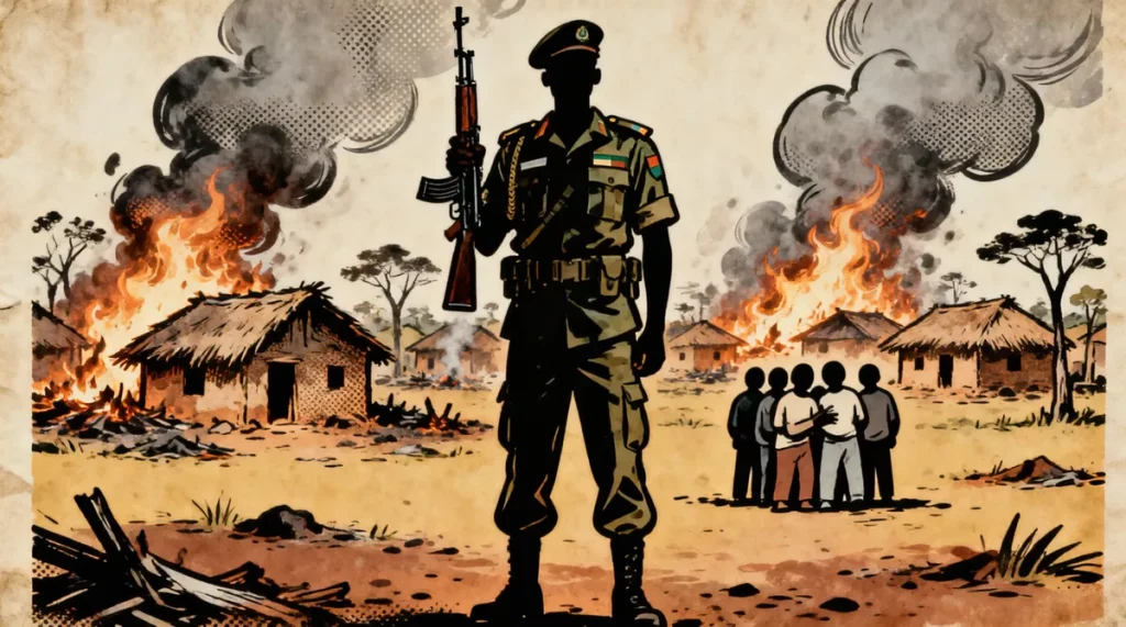 Ilustração editorial sobre Exército nigeriano resgata 360 reféns do Boko Haram em Borno. (Ilustração: Cafezinho / Wan 2.6)