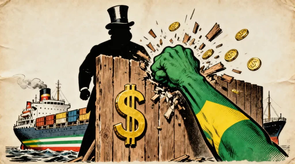 Ilustração editorial sobre Brasil denuncia como absurda tarifa dos EUA e prepara retaliação comercial. (Ilustração: Cafezinho