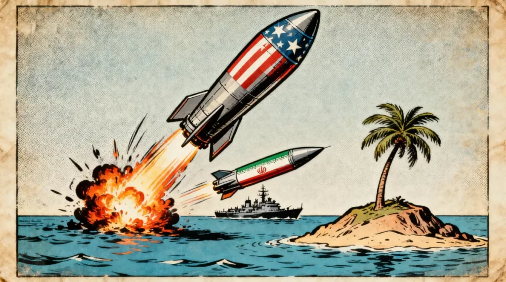 Ilustração editorial sobre EUA atacam ilha de Qeshm e Irã responde com ofensiva no Golfo Pérsico. (Ilustração: Cafezinho / Wa