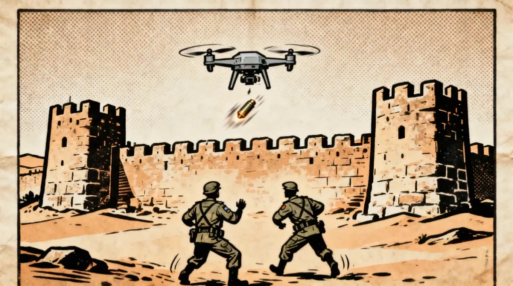 Ilustração editorial sobre Hezbollah divulga vídeo de drones atacando tropas israelenses em castelo medieval. (Ilustração: Ca