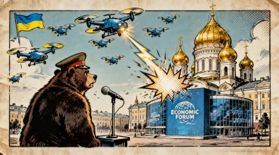 Ilustração editorial sobre Ucrânia lança ofensiva com drones em São Petersburgo durante fórum internacional. (Ilustração: Caf