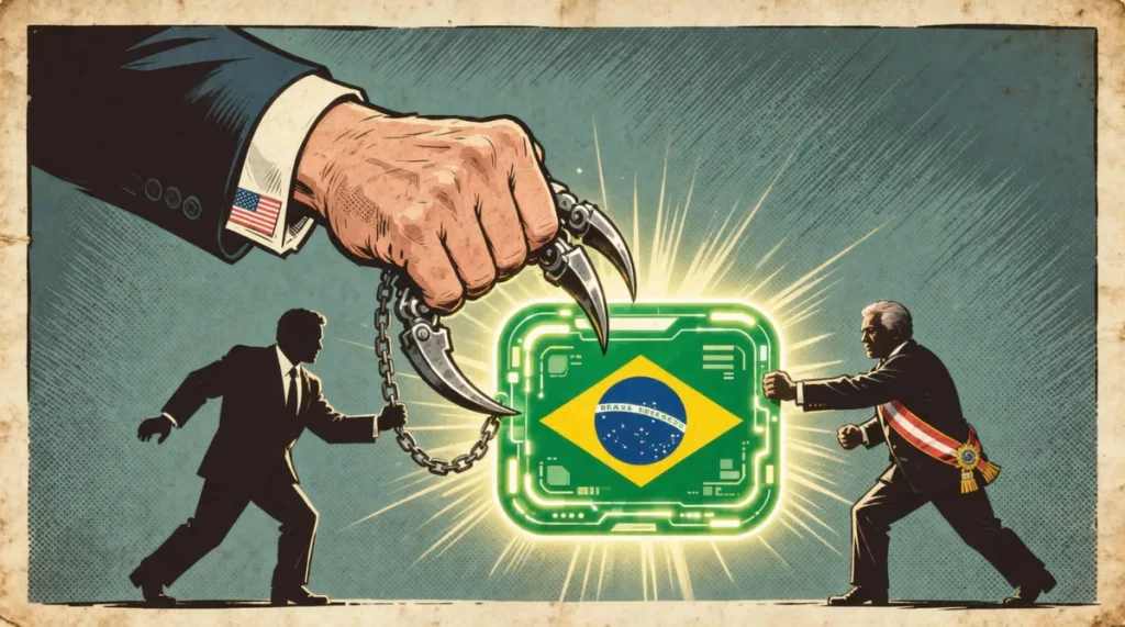 Ilustração editorial sobre Lula critica aliança de Flávio Bolsonaro com Trump e ameaças dos EUA ao Pix. (Ilustração: Cafezinh
