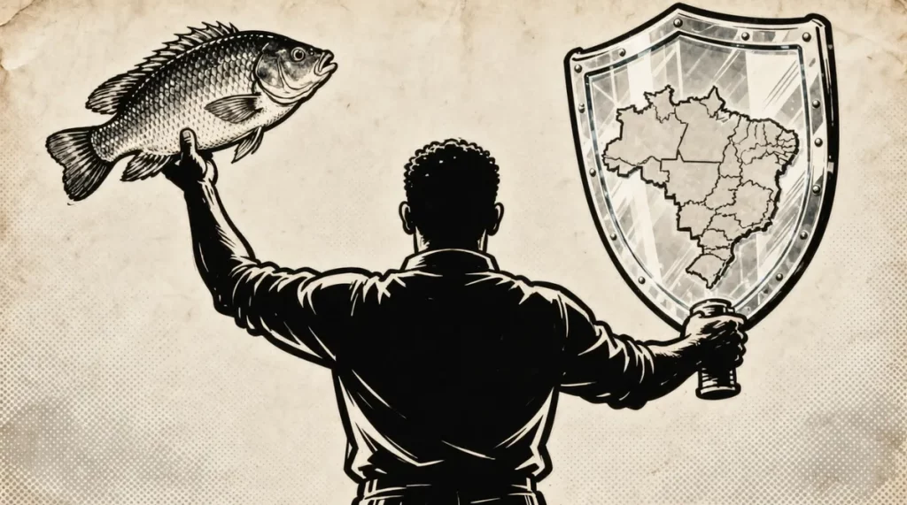 Ilustração editorial sobre São Paulo e Pernambuco adotam medidas para proteger produtor de tilápia nacional. (Ilustração: Caf