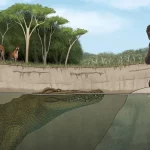Ilustração de um crocodilo pré-histórico ameaçando ancestrais humanos em ambiente etíope há 3 milhões de anos. (Foto: discove