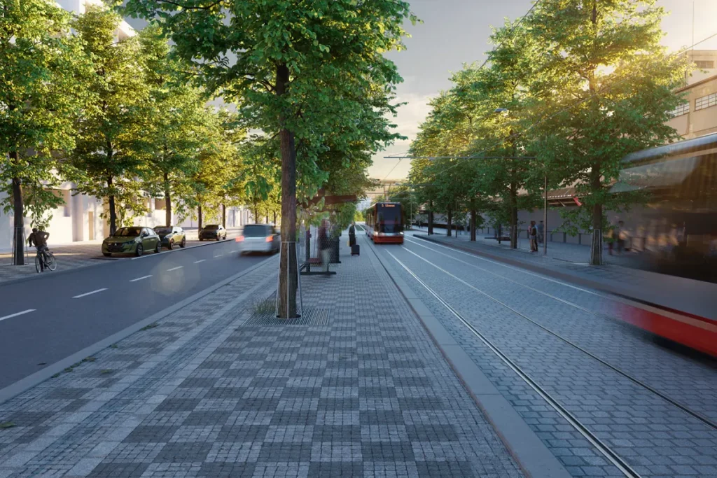Vista da futura extensão da linha de bonde Olšanská – Habrová em Praha, com trilhos e veículos em projeto. (Foto: railwaygaze