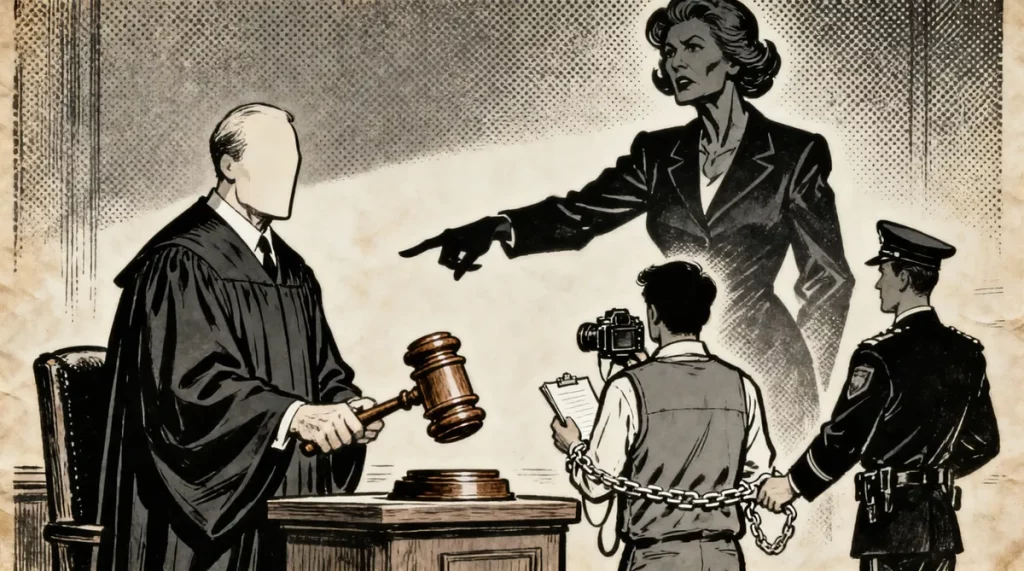Ilustração editorial sobre Justiça de SP determina prisão de jornalista perseguido por Carla Zambelli. (Ilustração: Cafezinho