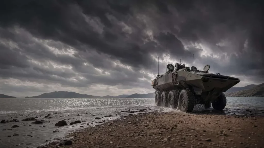 Veículo anfíbio militar avança pela costa em operação de navegação. (Foto: navalnews.com)