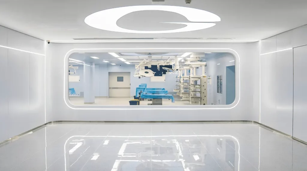 Interior de um centro médico de alta tecnologia em Wuhan Optics Valley, destacando avanços em dispositivos médicos e biotecno