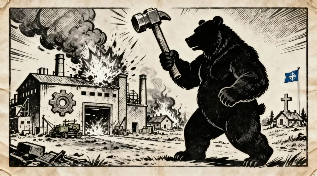 Ilustração editorial sobre Rússia ataca indústria militar ucraniana em retaliação a massacre em Starobelsk. (Ilustração: Cafe