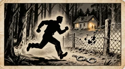 Ilustração editorial sobre Fuga de condenado por assassinato gera temor em família no RS. (Ilustração: Cafezinho / Wan 2.6)
