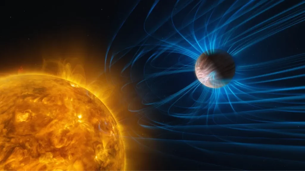 Representação artística de um exoplaneta com campo magnético sendo exposto por ventos estelares. (Foto: space.com)