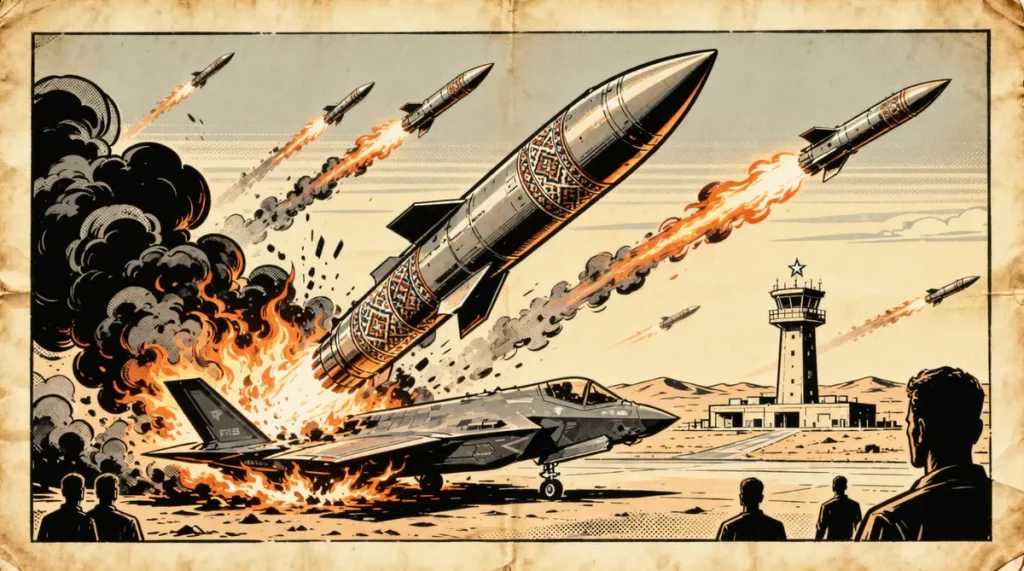 Ilustração editorial sobre Irã lança 12 mísseis balísticos contra base aérea dos EUA na Jordânia e atinge caças F-35. (Ilustr