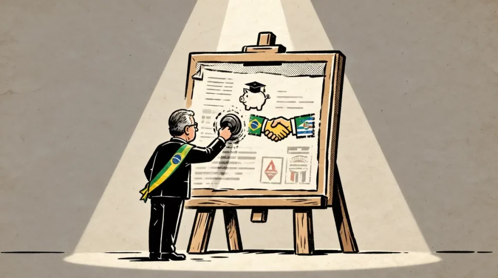 Ilustração editorial sobre Lula determina ajustes em propagandas oficiais para incluir Pé de Meia e parcerias estaduais. (Ilu
