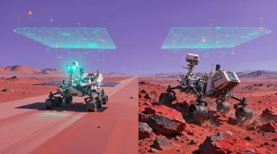Ilustração editorial sobre China avança com precisão em Marte enquanto NASA aposta em startup de alto risco. (Ilustração: Caf