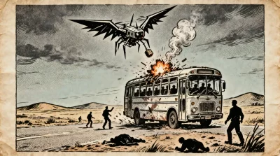 Ilustração editorial sobre Drone ucraniano ataca ônibus de passageiros e mata sete civis em território russo. (Ilustração: Ca