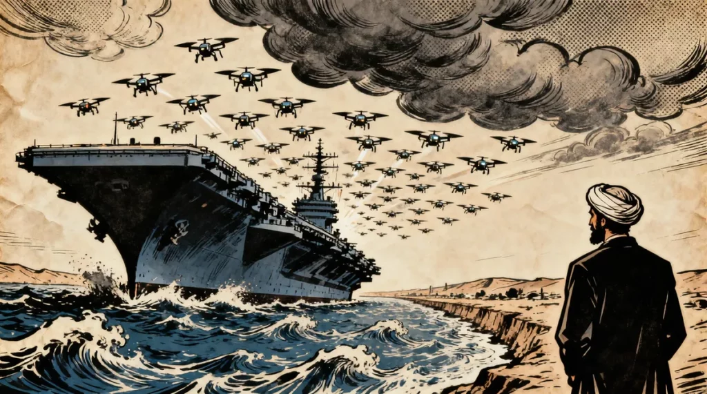 Ilustração editorial sobre EUA preparam novos ataques ao Irã após incidente no estreito de Ormuz. (Ilustração: Cafezinho / Wa
