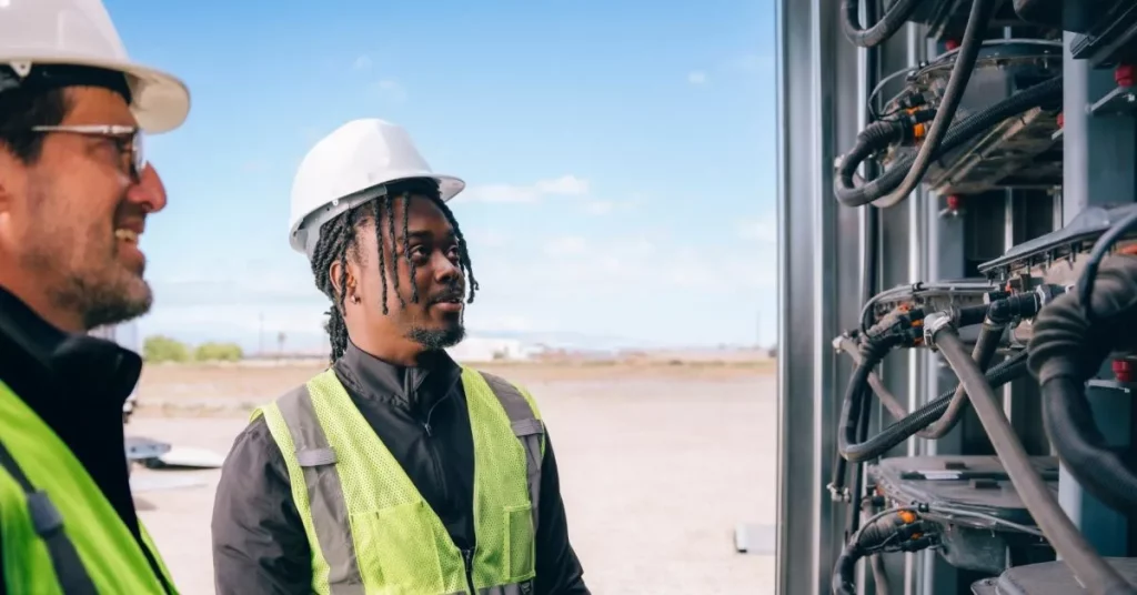 Trabalhadores em equipamento de segurança analisam sistema de energia ao ar livre. (Foto: electrek.co)