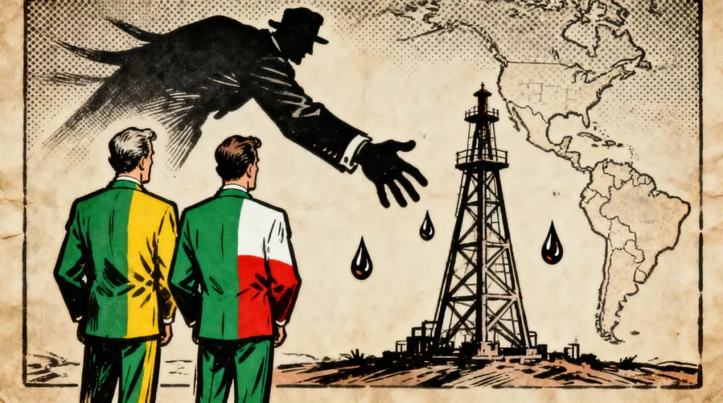 Ilustração editorial sobre Lula e Sheinbaum unem forças contra ingerência externa de Trump. (Ilustração: Cafezinho / Wan 2.6)