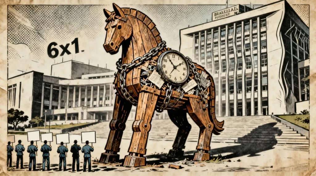 Ilustração editorial sobre Pec 12/2026 de aliado bolsonarista é 'cavalo de Troia' da precarização. (Ilustração: Cafezinho / W