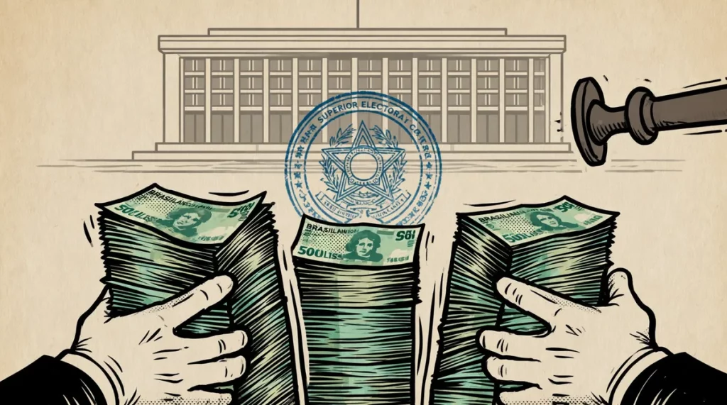 Ilustração editorial sobre PL, PT e União concentram 40% dos R$ 4,9 bilhões do Fundo Eleitoral distribuído pelo TSE. (Ilustra
