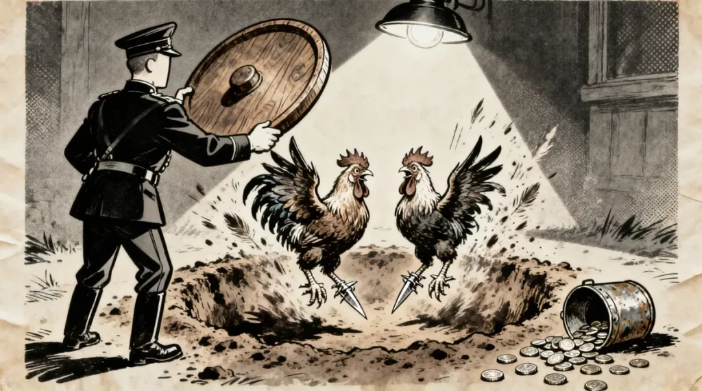 Ilustração editorial sobre Polícia desarticula esquema de rinha de galos no Distrito Federal. (Ilustração: Cafezinho / Wan 2.