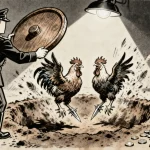 Ilustração editorial sobre Polícia desarticula esquema de rinha de galos no Distrito Federal. (Ilustração: Cafezinho / Wan 2.