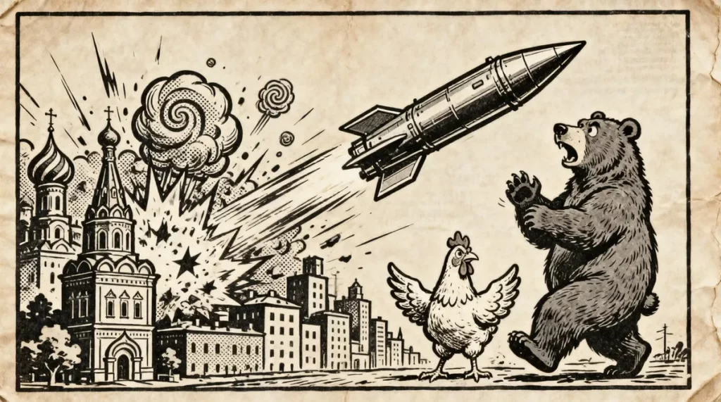 Ilustração editorial sobre Ucrânia ataca cidade russa com mísseis e fere três civis. (Ilustração: Cafezinho / Wan 2.6)